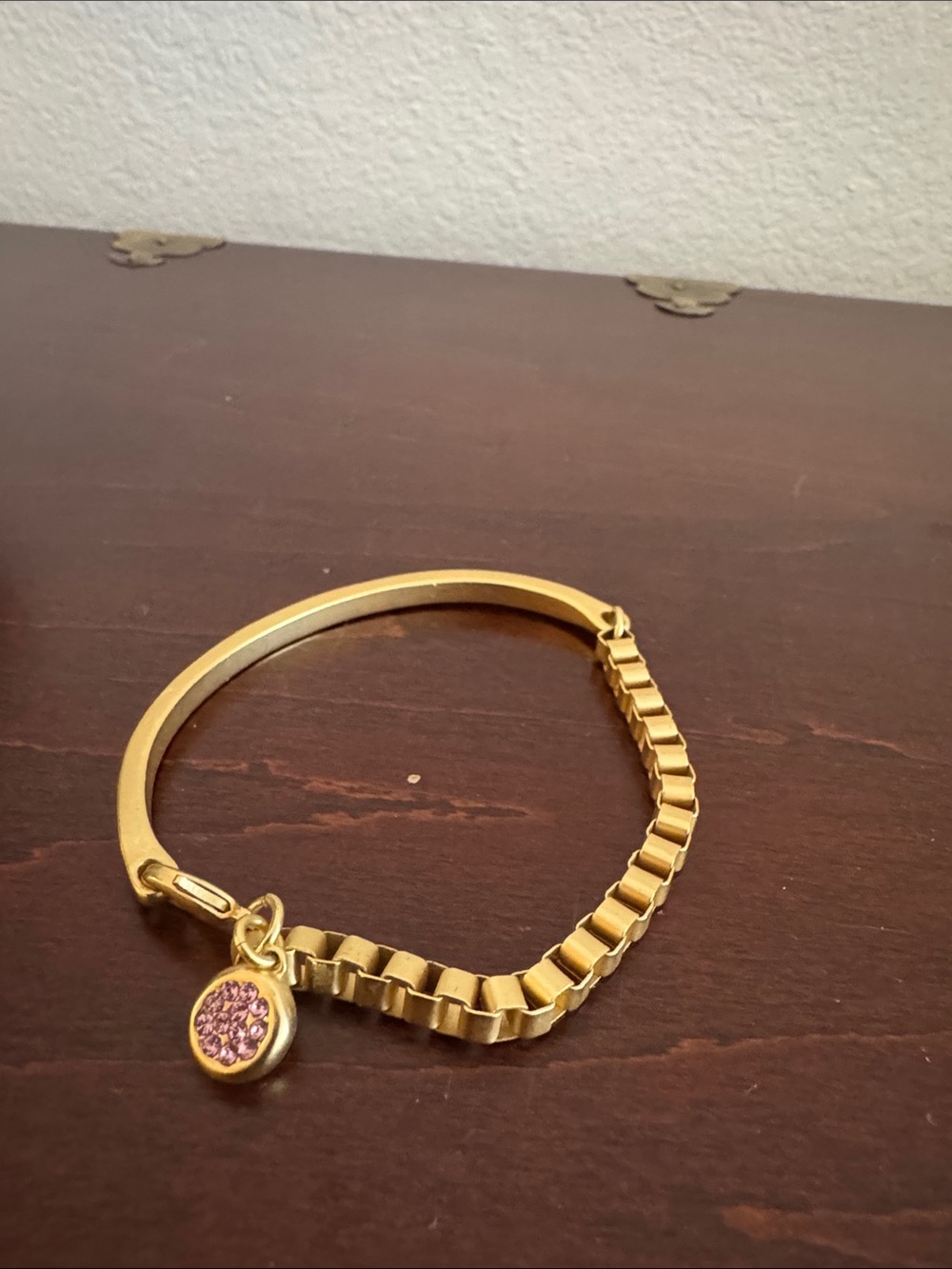 Gold-Tone Half Link Half Bangle Bracelet with Pink Crystal Charm